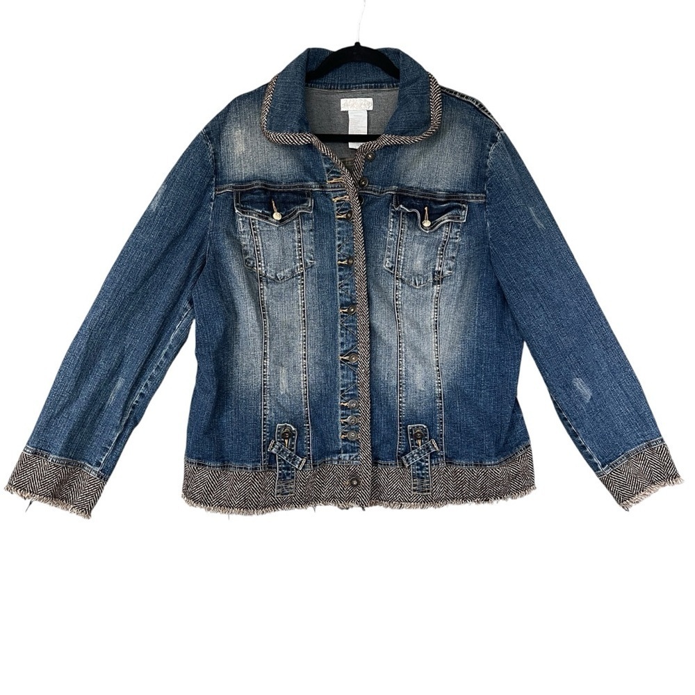 BABY PHAT Y2K Vintage Jean Jacket Tweed Trim Rhinestone Cat Bling Distressed 3X